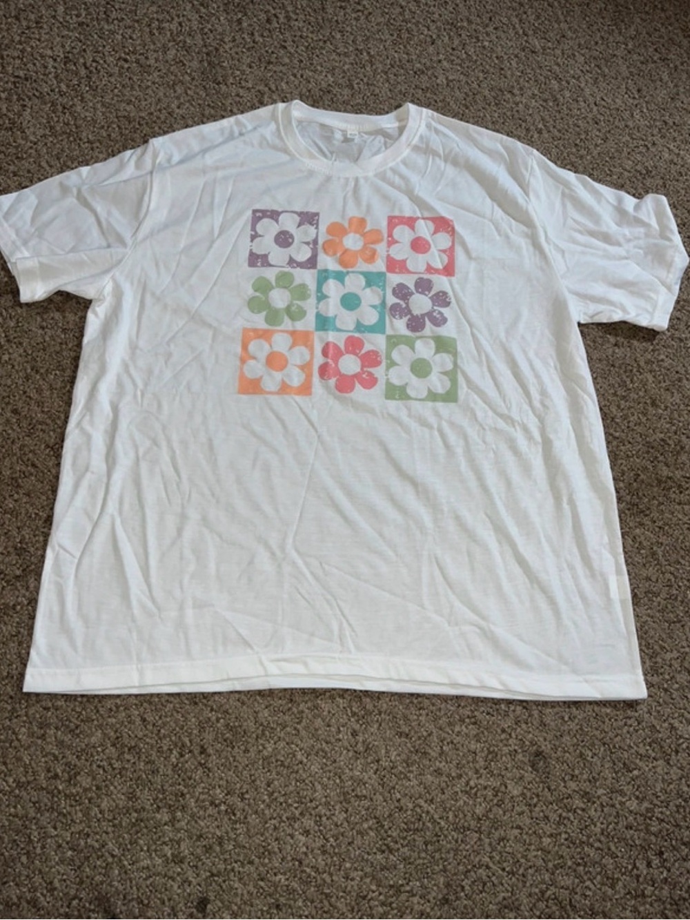 Woman White Tee with Pastel Flower Grid